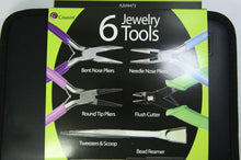 Black storage case showing 6 jewelry tools: bent nose, needle nose, round, flush, tweezers