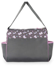 Gray diaper duffle bag with unicorn-print top panel and pink-edged trim