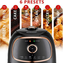 Brentwood 2-quart air fryer front view, black with copper-trimmed control panel
