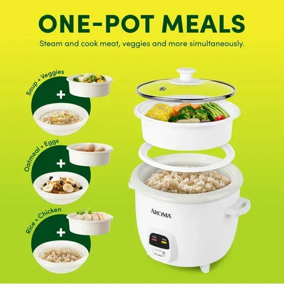 AROMA® 6-Cup Rice Cooker & Food Steamer with Bonded Granite® Nonstick Ceramic & Pop-Up Steam Tray - White - USA MEGA SHOP