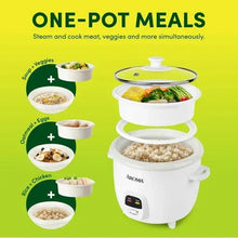 White multi-tier steamer with domed lid for simultaneous rice and vegetables