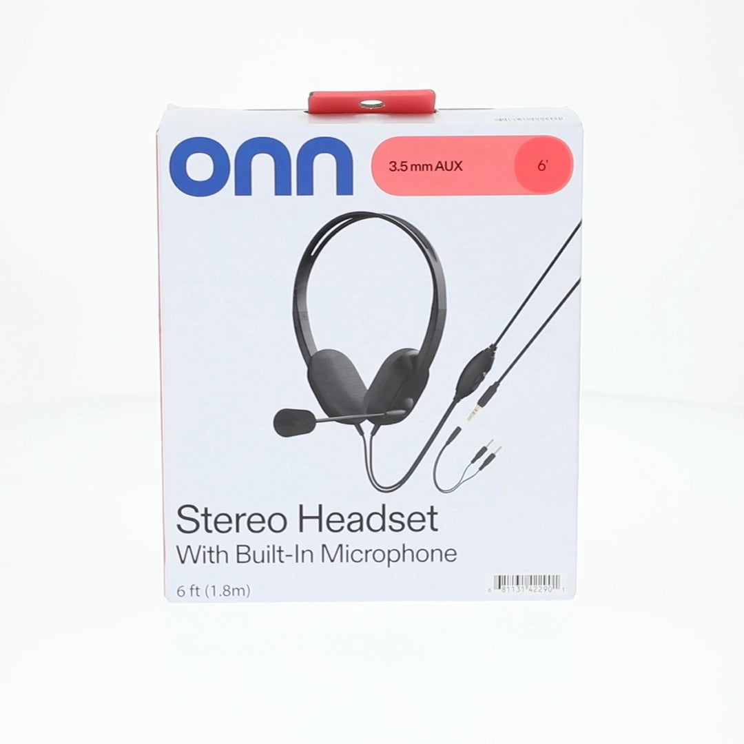 onn 3.5mm AUX Stereo Headset with Built-In Microphone, Black