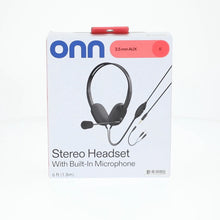 Onn stereo headset retail box labeled 6 ft (1.8 m) and built-in microphone