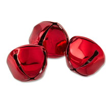 Three red shiny metal bell ornaments with glossy finish and hanging loops