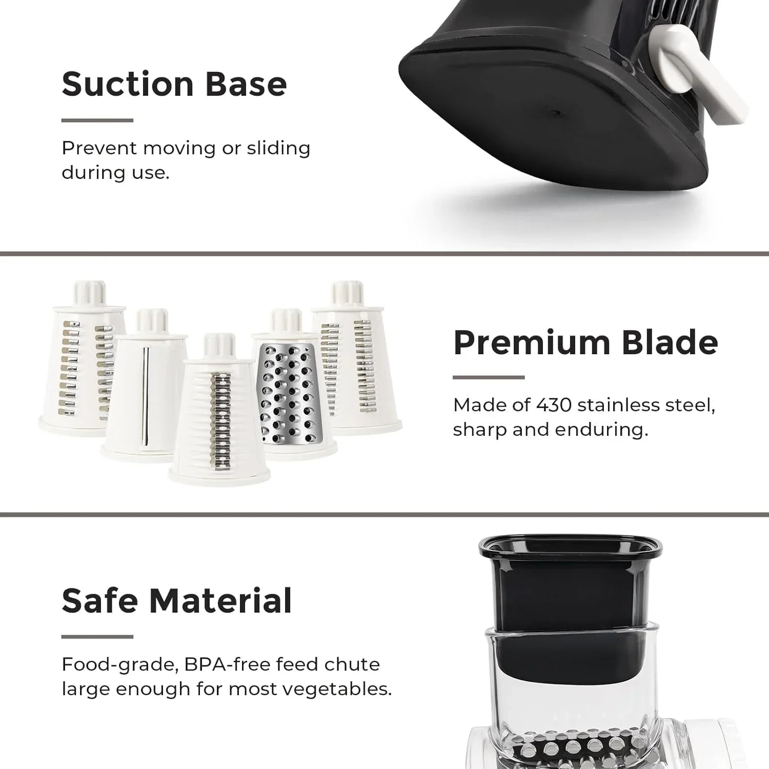 3 in 1 Cheese Grater Rotary, Cheese Shredder Grater for Kitchen Grater Slicer with 3 Replacement Blades, Potato Slicer Vegetable Chopper with Suction Base