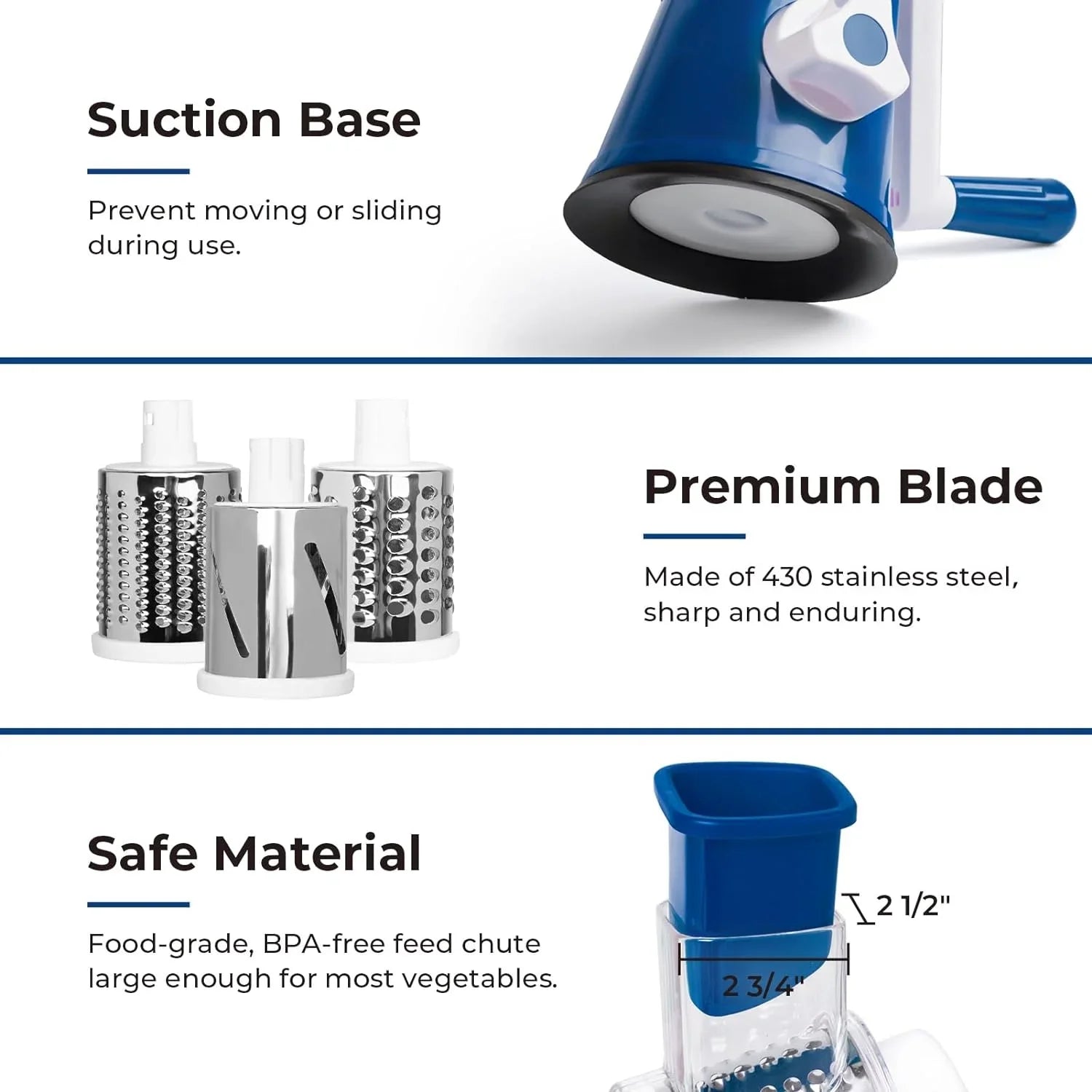 3 in 1 Cheese Grater Rotary, Cheese Shredder Grater for Kitchen Grater Slicer with 3 Replacement Blades, Potato Slicer Vegetable Chopper with Suction Base