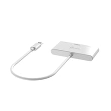 White USB-C hub adapter with attached cable and compact three-port design