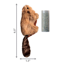 Beaver-shaped plush catnip toy next to refillable tube, size marked 6.5 in