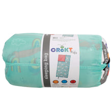 Kids rectangular sleeping bag, rolled turquoise cover with label band