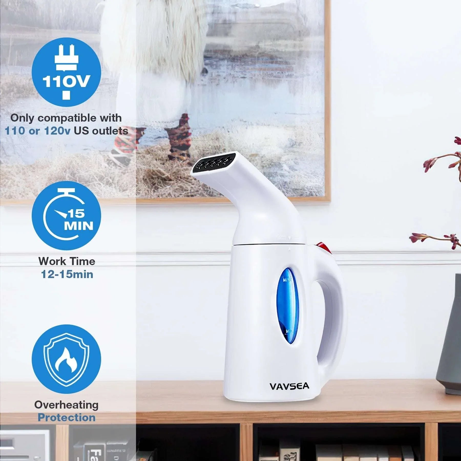 VAVSEA Steamer for Clothes, Portable Garment Steamer, Auto Shut-off Function, Wrinkles/ Steam/ Soften/ Clean/ Sterilize, White - USA MEGA SHOP
