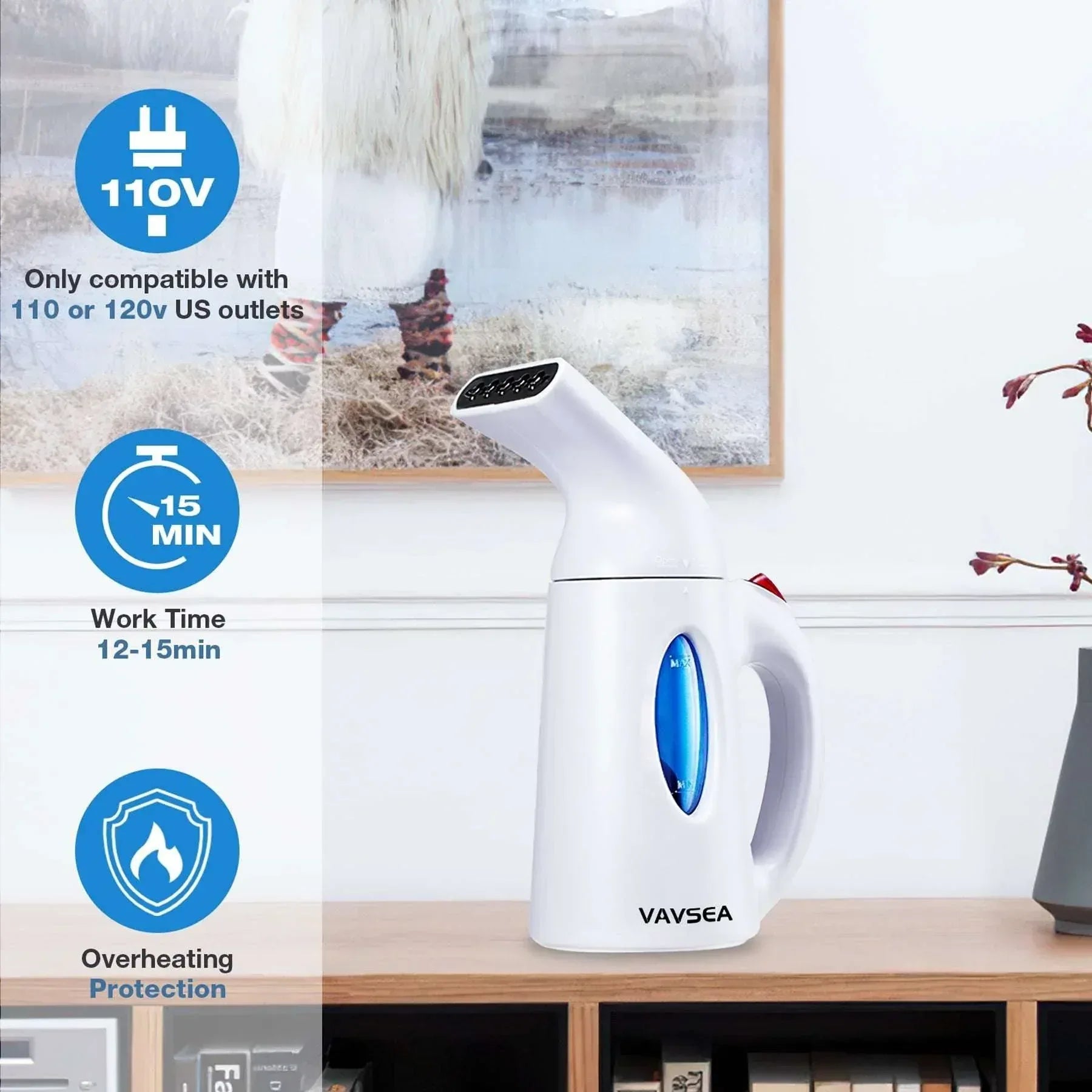 VAVSEA Steamer for Clothes, Portable Garment Steamer, Auto Shut-off Function, Wrinkles/ Steam/ Soften/ Clean/ Sterilize, White