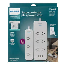 Surge protector power strip combo pack, 2-pack, with spaced flat plug design