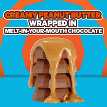 Chocolate peanut butter cup character graphic with glossy peanut butter drizzle