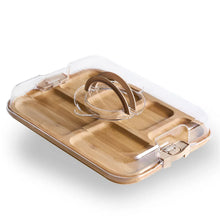 Rectangular bamboo cutting board with clear locking lid and carry handles, divided sections