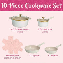 10-piece cookware set with covered dutch oven, saucepans, fry pans, and pan protectors