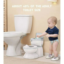 White toddler potty training toilet with storage shelf and open seat, used by a child