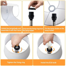 Table lamp shade assembly showing fixing ring, lamp holder, and E26 bulb installation