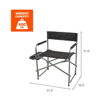 Black director's chair with side table, dimensions and weight capacity chart