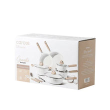 13-piece nonstick cookware set box with white pots and pans, wood handles