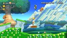 Platform game scene with Mario jumping across grassy hills and waterfalls in daylight