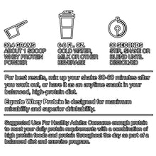 Mixing directions text for whey protein powder with cold water, shake or blend