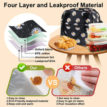 Insulated lunch bag with daisy print, layered leakproof lining design