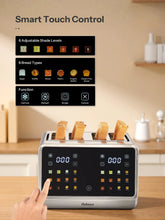 Touch control toaster showing settings icons and bread-type options