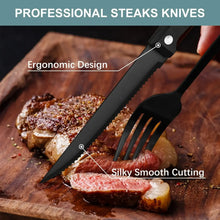 Black steak knife with serrated blade, ergonomic handle, stainless steel