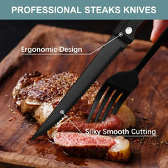Bluebow Black Silverware Set with Steak Knives, Flatware Cutlery Set for 4, Food-Grade Stainless Steel Kitchen Tableware Set