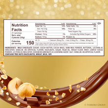 Nutrition facts panel for chocolate with ingredients, serving info, and allergen statement