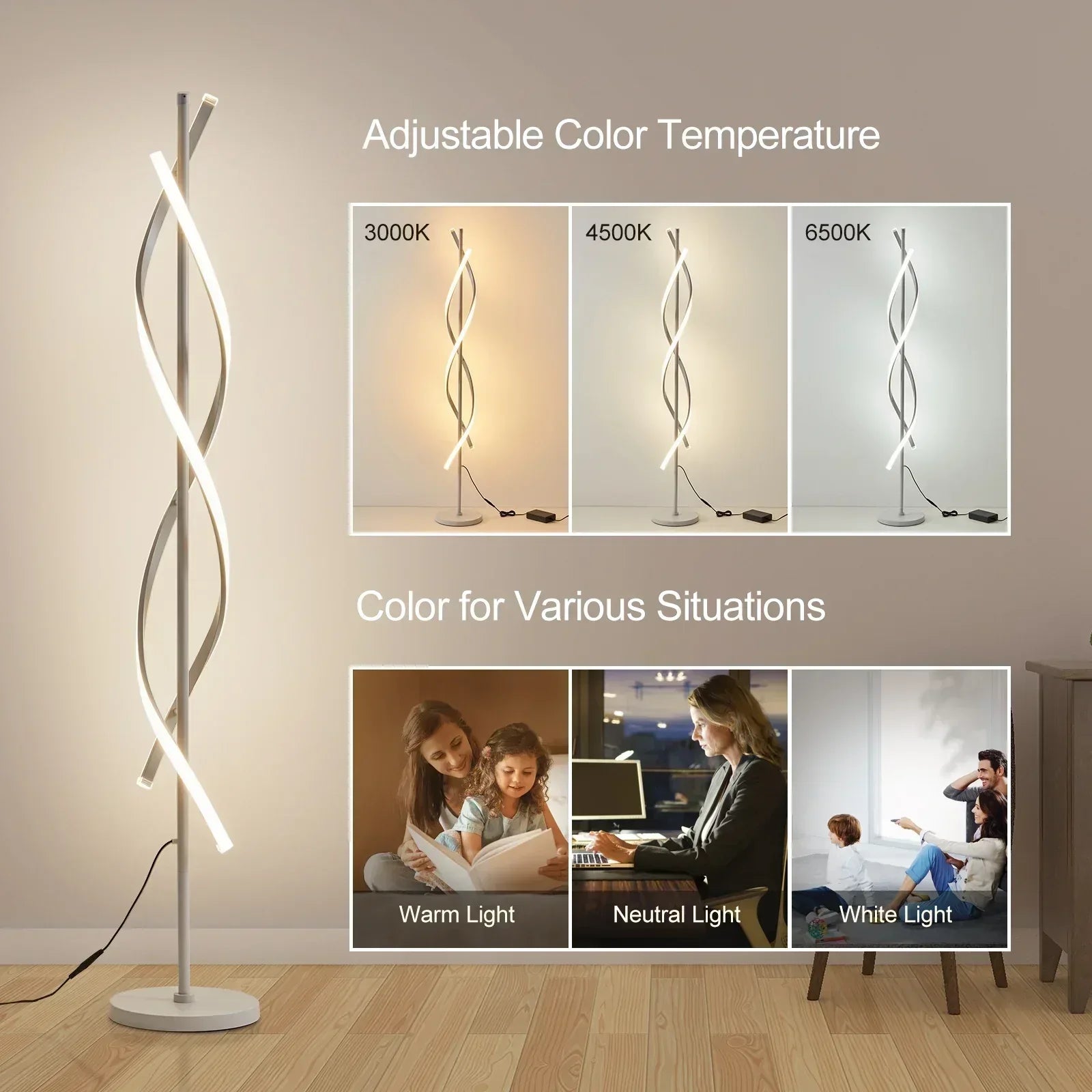 LED Spiral Floor Lamp 60 Inch Modern Floor Lamps Dimmable Black Standing Lamp 34W Contemporary Floor Lamps for Living Room Bedroom Kitchen Office - USA MEGA SHOP