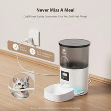 Automatic pet feeder and water fountain with adapter and battery power indicators
