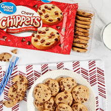 Chewy chocolate chip cookies with open Great Value ChipPpers package and cookie tray