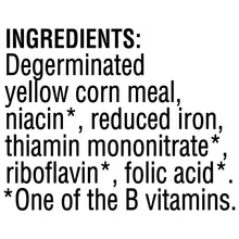 Ingredients text for degerminated yellow corn meal with added vitamins