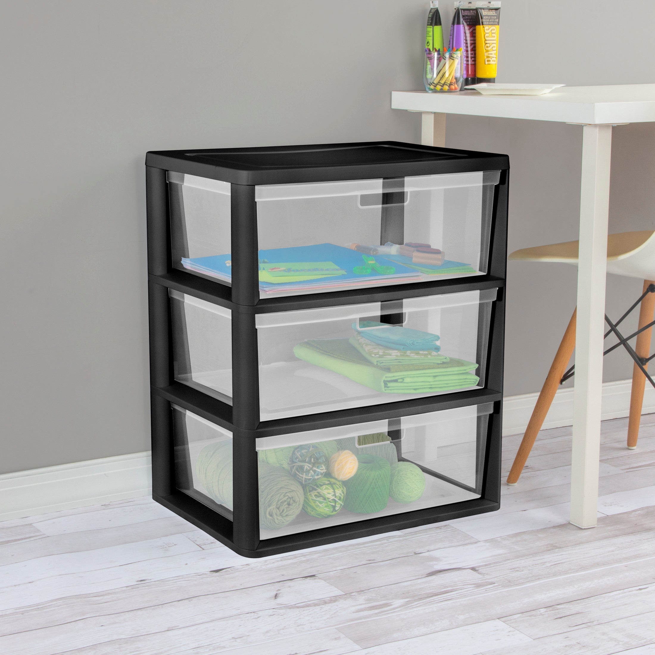 Sterilite Wide 3 Drawer Tower, Plastic Storage Organizer with Removable Clear Bins, Easy to Assemble - No Tools Needed, Black