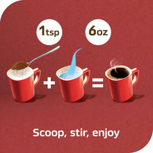 Coffee serving instruction with three red mugs, 1 tsp plus 6 oz equals
