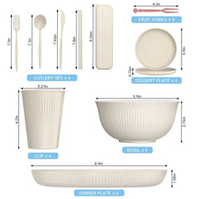 Wheat straw dinnerware set components: cutlery, dinner plate, bowl, cup, forks