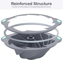 Silicone novelty bundt cake pan with spiral ridges and two side handles, dark gray