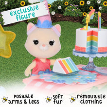 Unicorn cat doll and party cake table with striped book accessory and gift pieces