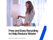 Person holding HP ink recycling package with recycling message