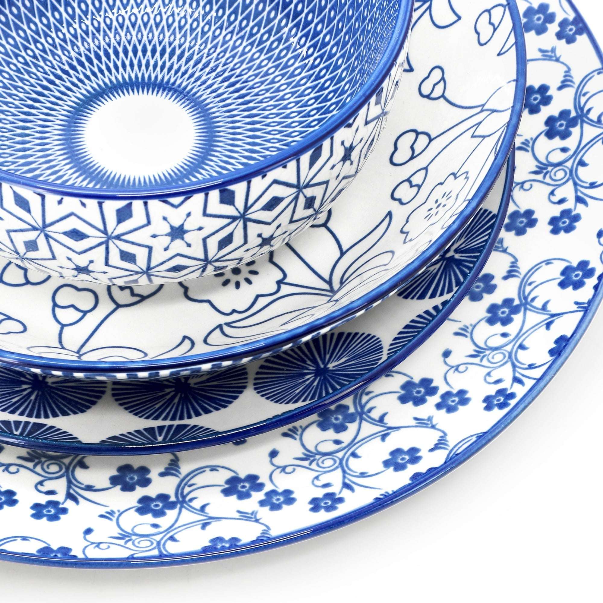 Elama Aurora 16 Piece Assorted Porcelain Double Bowl Dinnerware Set in Blue