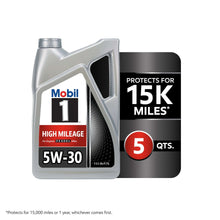Mobil 1 High Mileage 5W-30 motor oil bottle with 15K miles and 5 Qts graphic