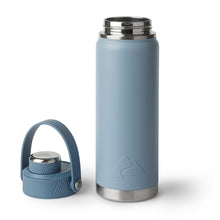Light blue insulated chug water bottle with wide carry handle and metal bottom