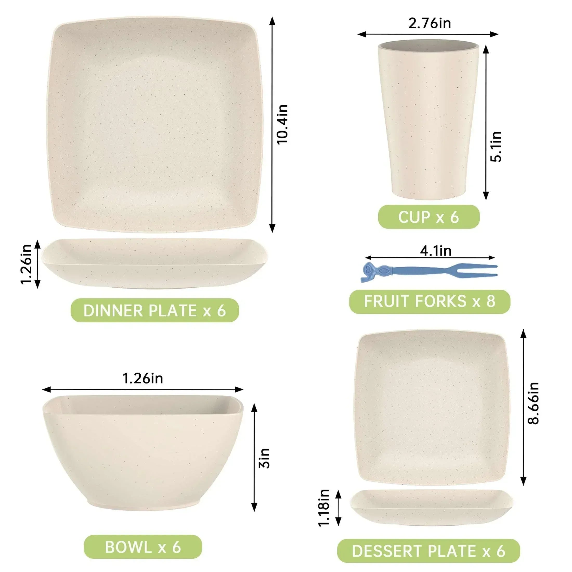 GPED 32 Pcs Wheat Straw Square Dinnerware Sets For 6, Unbreakable Dish Sets, Reusable Plates and Bowls Sets, Dinner Plates, Travel Camping Cutlery Set, Dishwasher Microwave Safe, Beige