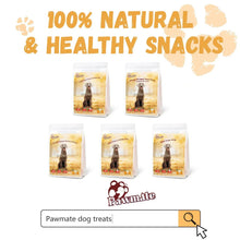 Sweet potato dog treat pouches display for 100% natural snacks, multiple pack sizes