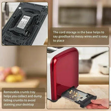 2-slice toaster with removable crumb tray at base, red exterior