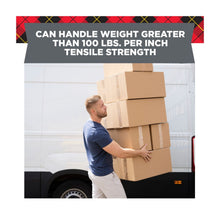 Reinforced shipping strapping tape securing stacked cardboard boxes on a truck