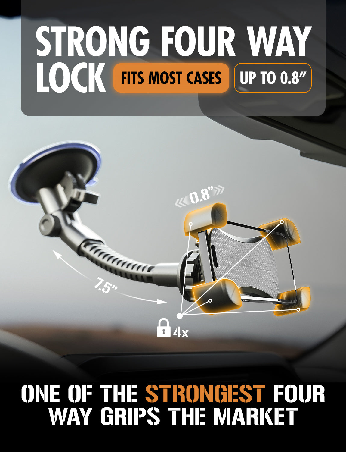 ToughTested Mammoth Windshield Phone Mount with Double-Ribbed Gooseneck, Extra-Large 4.25” Suction Cup, 4-Way Locking Claw Grip, 360° Rotation & One-Button Release