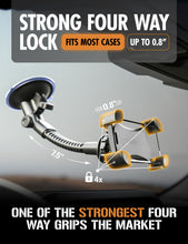 Four-way locking phone grip with adjustable arms and protective silicone contact