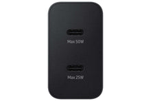 Black Samsung Duo power adapter back with two USB-C ports and Max 50W/25W